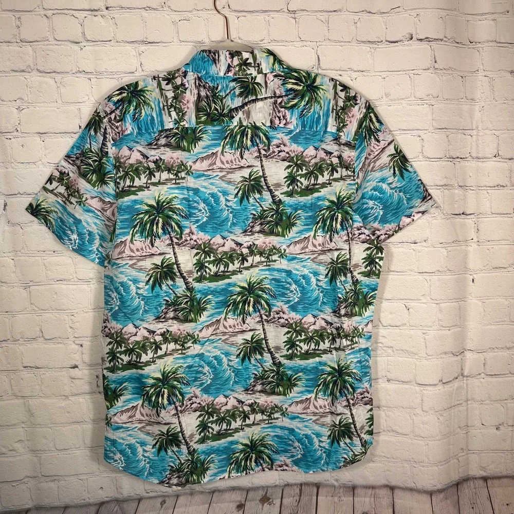 NEW American‎ Eagle Tropical Hawaiian Shirt Teal Palm Tree Button Down Large
